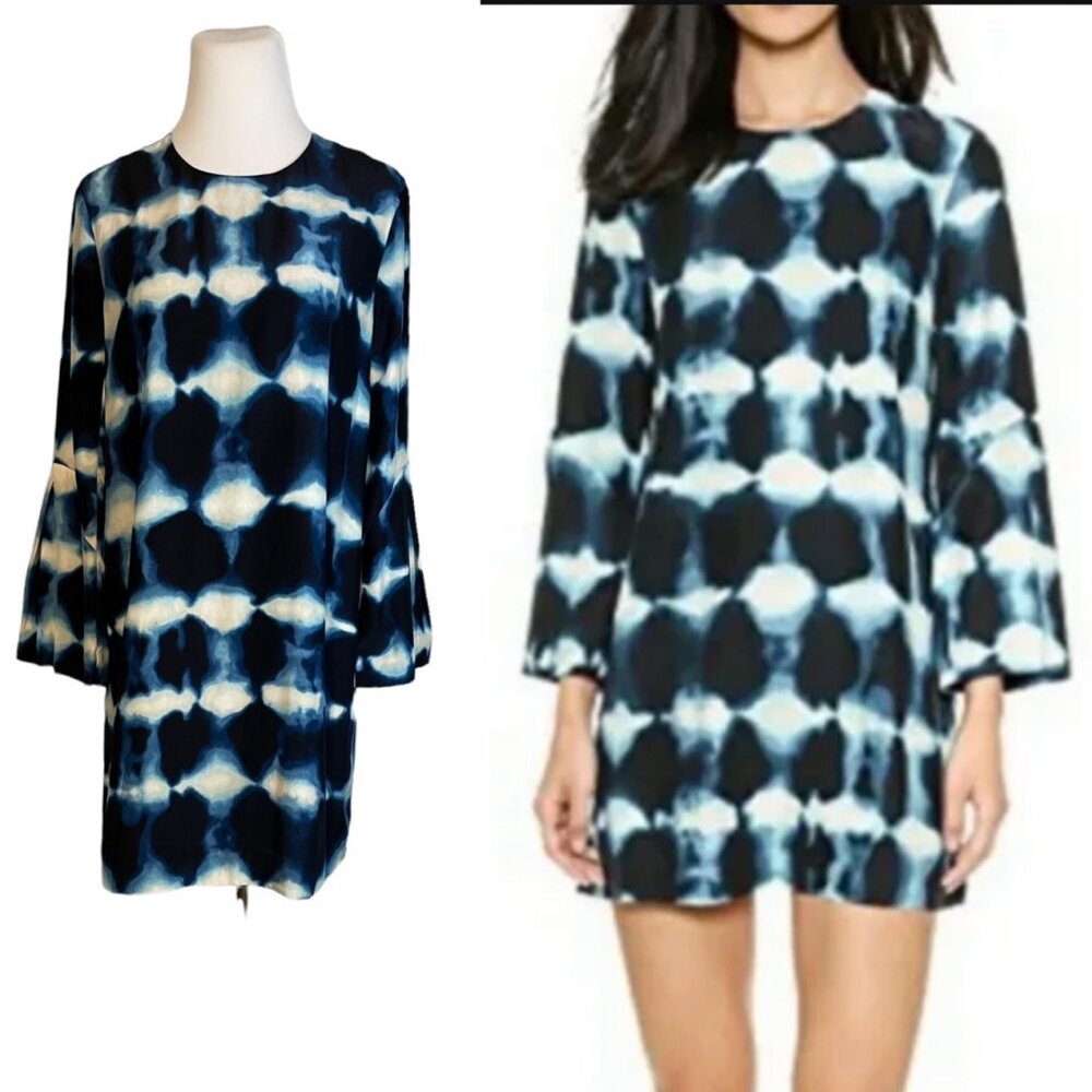 Elizabeth & James S 100% Silk Blue Tie Dye Mini Shift Dress Bell Sleeve Lined
